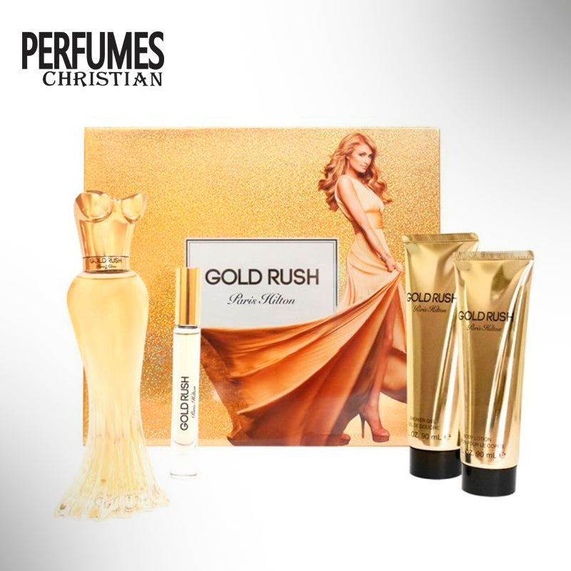 ESTUCHE PARIS HILTON GOLD RUSH DAMA 4 PZAS AGUA DE TOCADOR 100ML/ CREMA CORPORAL 90ML/ GEL DE DUCHA 90 ML/ AGUA DE PERFUME 6ML